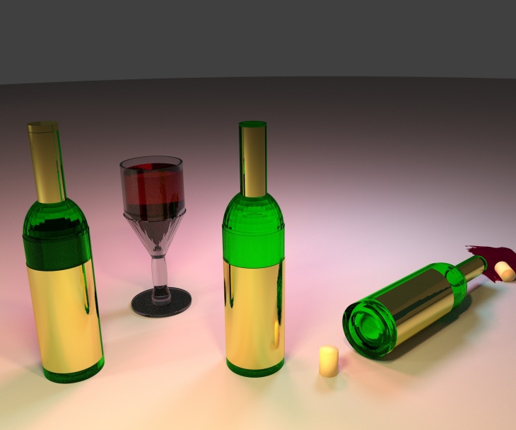 3 Weinflaschen und 1 Weinglas